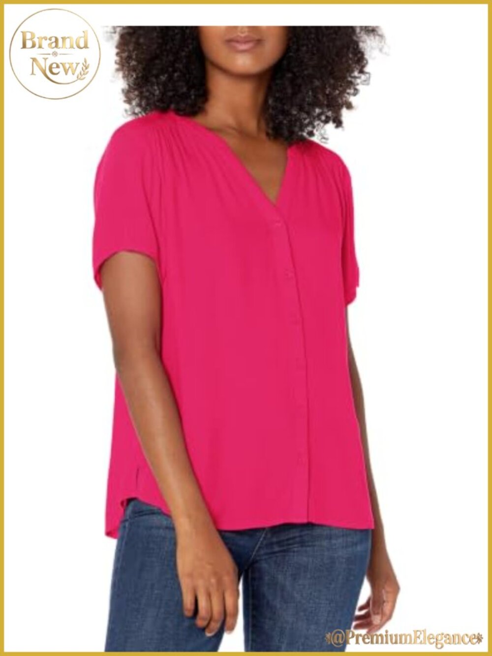 Women's Relaxed Fit V-Neck Short Sleeve Button Front Woven Blouse